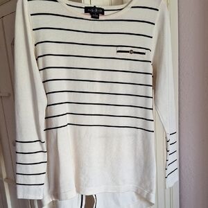 August Silk Black and White Striped Long Sleeve Button Back Top